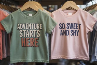 Green and pink children's shirts with stereotypical text, highlighting early gender norms and