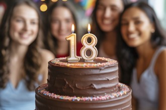 Chocolate birthday cake with golden 18 candle. Celebration scene marks the milestone of adulthood