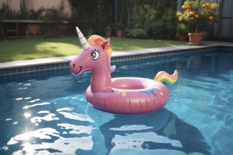 Pink unicorn pool float drifting in sunny tropical pool. Playful summer scene captures leisure,