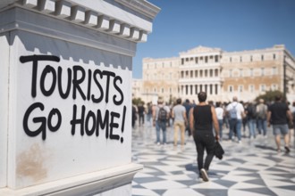 Graffiti reading Tourists go home on white wall overlooking sunny plaza crowded with tourists.
