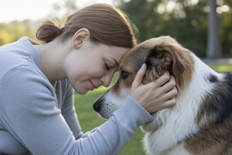 Woman holding her dog with foreheads touching. Tender moment of emotional connection between human