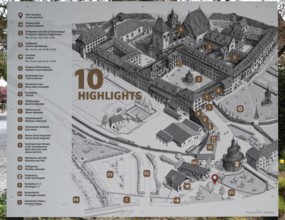 Information and overview board of the Neustift St Margarethen monastery, Vahrn, district of Bozen,