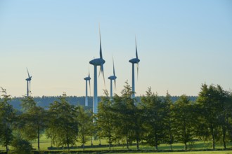 Several wind turbines tower above the trees, embedded in a green landscape, summer, Rohren,