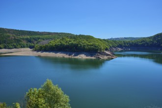 View of a lake with wooded shores and hills under a clear blue sky, summer, Urft dam wall, Obersee,