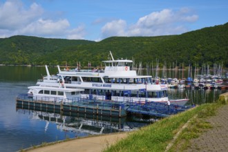Passenger ship Stella Maris and boats in the harbour, summer, Rursee, Rurtalsperre, Heimbach,