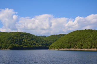 Calm lake with wooded shores and clouds in the blue sky, summer, Rursee, Rurtalsperre, Simmerath,