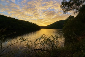 Luminous sky at dusk over a lake, summer, Rursee, Obersee, Simmerath, Eifel National Park, North