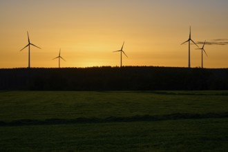 Silhouette of wind turbines at sunrise, over a green field, summer, Rohren, Monschau, Eifel, North
