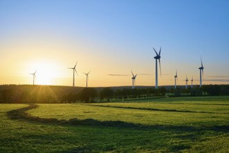 Wide landscape with wind turbines and trees while the sun colours the sky, summer, Rohren,