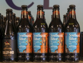 Adnams beer products on display inside brewery shop, Southwold, Suffolk, England, UK - Southwold