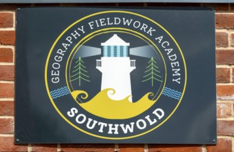 Geography Fieldwork Academy logo sign, Old Hospital community space building, Southwold, Suffolk,