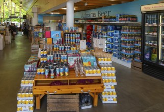 Alcohol drink products on display inside Adnams Store and Cafe shop, Southwold, Suffolk, England,