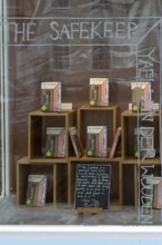 Shop window display of The Safekeep book, a novel by Yael van der Wouden, Southwold bookshop,