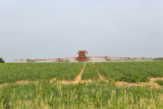Tractor and crop sprayer spraying arable field, Capel St Andrew, Suffolk, England, UK