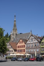 View over the market square of Esslingen am Neckar with historic half-timbered houses and the
