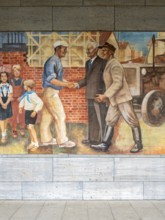 Close-up of the GDR-era Max Lingner propaganda mural, Detlev Rohwedder House, Berlin, Germany