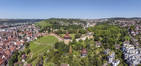 Aerial view, panorama of the city of Esslingen am Neckar with Esslingen Castle, Dicker Turm,