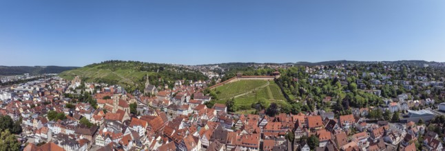 Aerial view, panorama of the city of Esslingen am Neckar with Esslingen Castle, Dicker Turm,