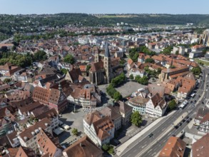 Aerial view of the historic old town of Esslingen am Neckar with the town church of St Dionys,