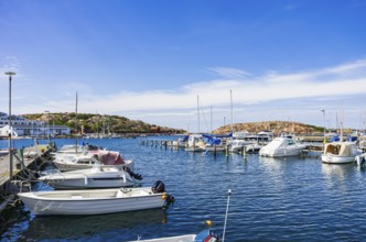 Boats moored at the jetty in the marina in the northern harbour (Norra Hamnen) of Lysekil,