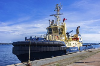 The tug SVITZER GAIA is moored in the harbour of Lysekil, BohuslÃ¤n, VÃ¤stra Götalands lÃ¤n,