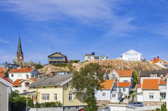 View from the quay in the south to the houses and church of Lysekil, BohuslÃ¤n, VÃ¤stra Götalands