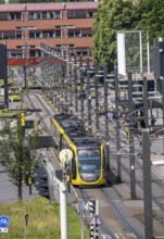 Tram of line 21, from U-OV, on the grounds of Utrecht Science Park, University, Netherlands