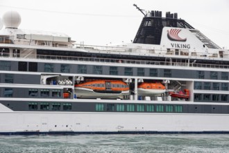 Detroit, Michigan - Orange life boats on the Viking Octantis luxury cruise ship. The ship visited