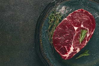 Steak made from fresh beef, with herbs and various spices, on a plate, ready to cook, there are no