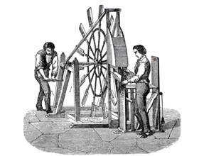 Textile industry, spinning mill, men working on a flax swinging machine, flax swinging machine,