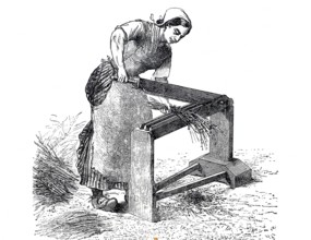 Textile industry, spinning mill, woman working on a ribbon crusher for flax, around 1880, digitally