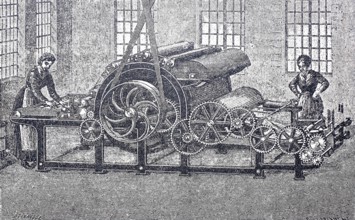 Textile processing, spinning mill, carding machine for the carded wool spinning mill, around 1860,