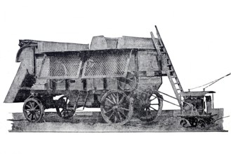 Agriculture, harvest, threshing machine in operation, powered by electricity, Wolf company,