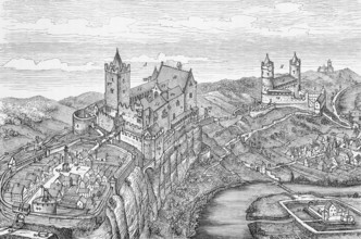 Rudelsburg (left) with outer bailey and curtain walls and Saaleck Castle (both 12th century) on the