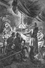 Singers of heroic songs at a meal, Nordic mythology, wall with antlers, shield and spear, eating,