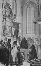 Joachim II (1505-1571) receives communion, in front of altar in church, on his knees, clergyman