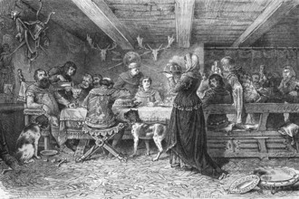 The Bavarians in the Mark, eating in the hall, table set with many people, noblemen at the end of