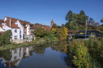 Old town houses located on the Pegnitz, on the right the bridge to Wenzelburg, Kaiserburg, Lauf an