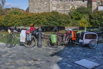 Parked bikes during a family bike tour, Lauf an der Pegnitz, Mittelfranklen, Bavaria, Germany