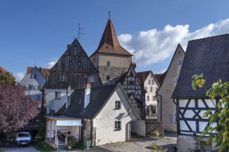 Old town houses with the tower of the Hersbrucker Stadttor, seen from the former city wall, Lauf an
