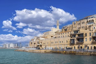 Israel, view of Tel Aviv shore sea shoreline and Namal Yafo historic Old Jaffa port