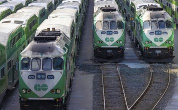 Toronto, Ontario, Canada-June 2, 2025: Toronto Go Train arriving at a platform at Union station