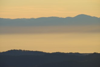 Morning haze over mountain hills in soft colors, looking towards the Rhine Valley, Hohneck, La