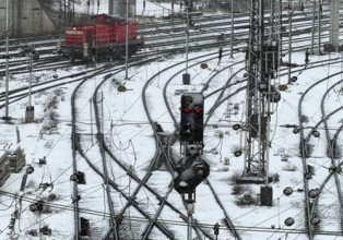 Train formation facility in the Vorhalle district in winter, marshalling yard, freight trains,