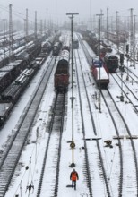 Train formation facility in the Vorhalle district in winter, marshalling yard, freight trains,