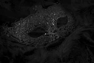 Black mask on dark background, contrasting carnival atmosphere