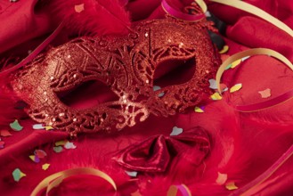 Red mask with confetti, feathers and colorful streamers, carnival