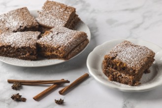 Spice cake with powdered sugar, decorated with cinnamon sticks and anise stars