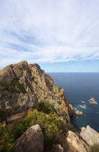 Bizarre rock formations on Capo Rosso, Piana, Corse-du-Sud department, west coast, Corsica,