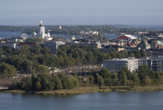 View from the Olympic Stadium tower across Lake Töölönlahti to the city center and port of